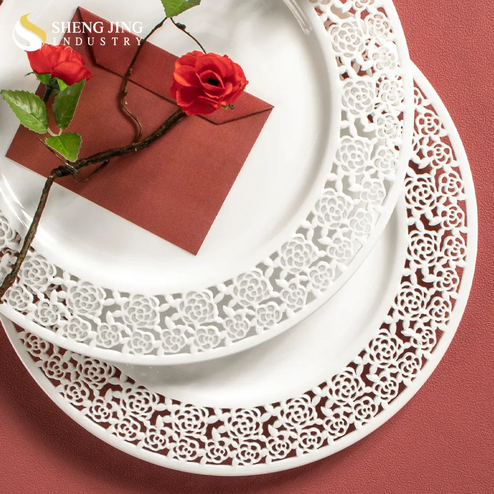 Bandeja de servicio de cerámica de alta calidad Shengjing, platos planos y platos redondos modernos para banquetes de boda, vajilla ahuecada de porcelana de hueso rosa