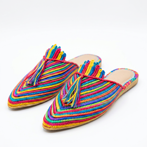 Sandalias Artesanales de Moda con Rayas de Rafia, Colores Mixtos, Punta Abierta, Suela de Cuero Genuino, Transpirables, para Interiores, Todas las Estaciones - Product Image 1