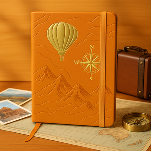 Cuaderno de Viaje Vintage con Diseño de Globo Aerostático y Brújula, en Cuero PU Marrón con Grabado en Relieve, 160GSM, con Banda Elástica - Product Image 1