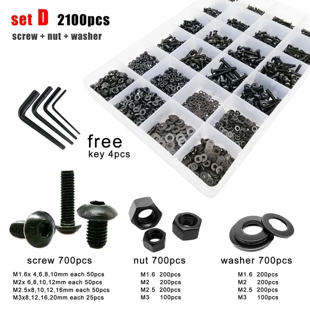 Grade 10.9 Black Steel Hexagon Socket Button M1.6 M2 M2.5 M3 M4 M5 Head Screw Bolt Nut Washer Assortment Kit Inch Measurement