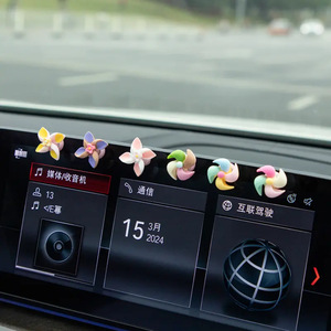 6 Pièces Ornements de tableau de bord de voiture en résine, style Art déco moderne, moulin à vent rotatif, figurines de fleurs macaron colorées, finition brillante pour écran de voiture - Product Image 2