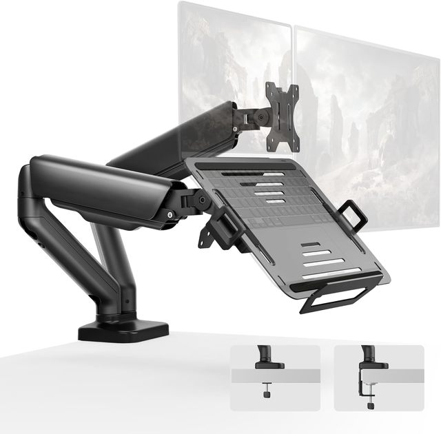 Clamp/Grommet Base Dual Monitor Laptop Arm Mount Stand for Desk with Adjustable Laptop Holder