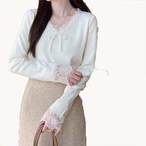 Camiseta Interior de Mujer con Lazo Rosa, Diseño de Encaje con Cuello en V, Suéter de Punto Informal, Camiseta Interior de Punto Cálida para Invierno - Product Image 5