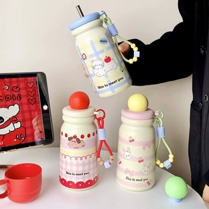 Bouteille d'eau isotherme en acier inoxydable de 500 ml avec motif animal de dessin animé mignon, gobelet de voyage portable avec cordon perlé - Product Image 4