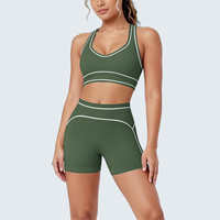 Conjunto de yoga de 2 piezas con ribetes en contraste, sujetador deportivo con cuello en V, pantalones cortos de ciclista de cintura alta con costura en forma de corazón y efecto levantacola, conjunto de entrenamiento, 11 colores