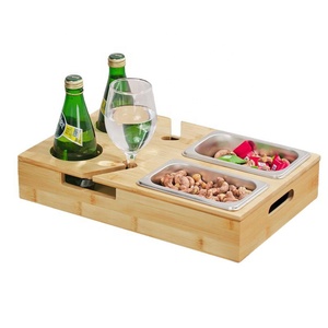 Plateau porte-gobelets en bambou pour canapé avec boîtes à collation en acier inoxydable, organisateur de rangement pour verres à vin et télécommandes, idéal pour les soirées cinéma à domicile - Product Image 6