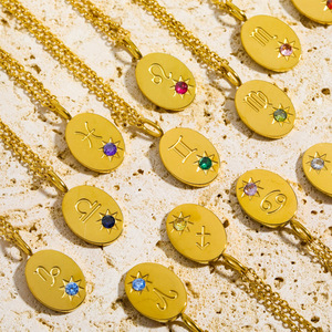 Vente en gros d'acier inoxydable 18K plaqué PVD <span class=keywords><strong>Horoscope</strong></span> pierre de naissance 12 Constellations signe du zodiaque bijoux pendentif collier - Product Image 1