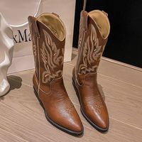 Chaussures pour femmes en cuir véritable brodées Cialisa, bout pointu, talons carrés bas, bottes de cow-boy occidentales mi-mollet pour femmes, hiver
