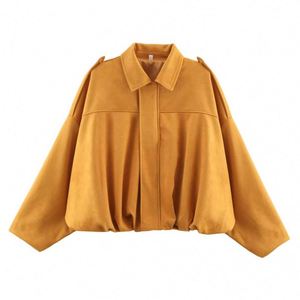 Design <b>Women</b> <b>Spring</b> Suede Bomber Jacket With Lapel <b>Coat</b> Vintage Long Sleeve Female Outerwear Chic - Product Image 6