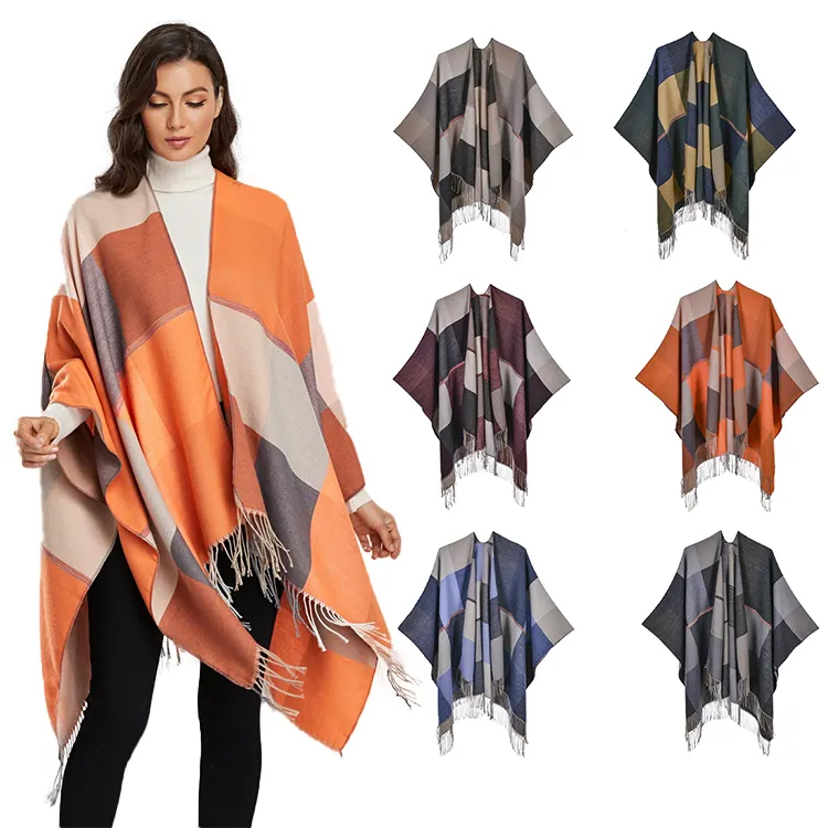 Most Popular Geometric Plaid Stripes Jacquard Polyester Acrylic Plus Size Winter Cardigan Ponchos Scarf For Women Shawls
