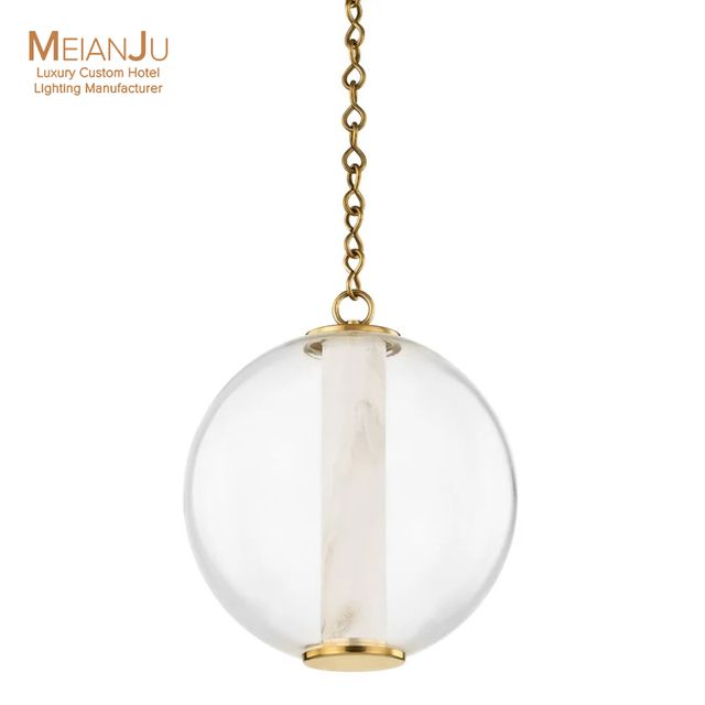 Modern Glass Globe Pendant Light Alabaster Column Brass Chain LED Adjustable Height Minimalist Hanging Lamp Living Room Middle