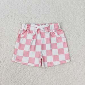 Pantaloncini estivi Casual per bambini pantaloncini traspiranti con stampa a scacchiera rosa bianca per ragazze di età 1-14 anni a metà vita in tessuto a maglia caldo - Product Image 4