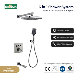 Sistema de ducha oculto de níquel cepillado, montado en la pared, con cabezal de lluvia cuadrado, caño de bañera, botón pulsador de mano y dial de temperatura, de latón. - Product Image 2
