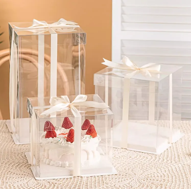 Caixa de plástico transparente para bolo de aniversário, casamento, aceta, 6 8 10 12 14 16 polegadas, personalizável por atacado