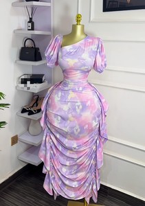Nouvelles robes élégantes pour femmes à manches bouffantes, col asymétrique, imprimées, à volants, ajustées, tendance - Product Image 6