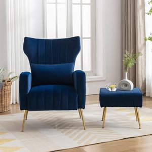 Modern Hotel Leisure Navy Velvet Fabric Accent <strong>Armchair</strong> with Ottoman <strong>Stool</strong> for Living Room <strong>and</strong> Bedroom - Product Image 2