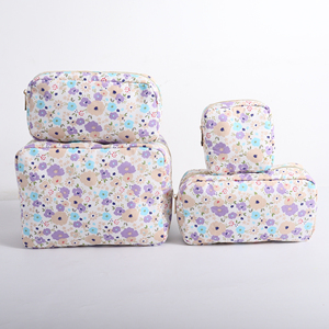 Grande Trousse de Maquillage de Voyage Personnalisée en Coton Écologique pour Femmes, avec Fermeture Éclair et Intérieur à Motif Treillis Violet, pour Cosmétiques et Fleurs - Product Image 1
