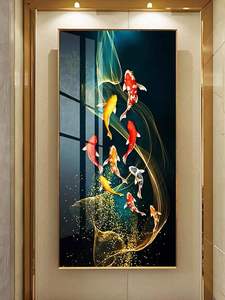 Настенная картина с изображением китайского Пейзажа кои, алмазная, Хрустальная, фарфоровая живопись, рисунок счастливых девять рыбок (24x48 дюймов), рамка из алюминиевого сплава - Product Image 3