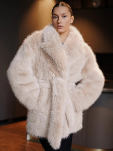 Manteau d'hiver chaud et épais pour <span class=keywords><strong>femme</strong></span> en fausse fourrure de renard marron foncé, mi-long, à grand col, ouvert sur le devant, veste moelleuse et oversize pour le quotidien - Product Image 6