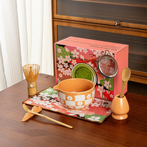 Ensemble de bols à matcha japonais 4/5/7/8 pièces, kit en céramique verte Chawan avec bec verseur, motif de fleurs de cerisier pour fouetter le thé - Product Image 5