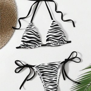 Conjunto de Bikini con Estampado de Cebra para Mujer, Traje de Baño de Dos Piezas Elástico con Cordones Cruzados y Cuello Halter para la Playa - Product Image 1