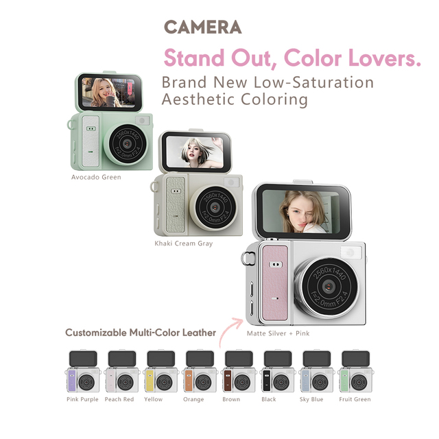 S162 Mini Vlog Camera 2K 2560x1440 30fps 2MP 1.47 Flip IPS Screen LED Flash 180mAh Type C Leather Lanyard OEM ODM Manufacturer