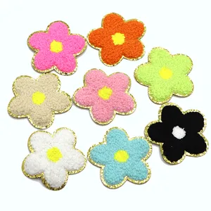 Beautiful Glitter Gold Border Chenille Flower Patches Custom Desig For Clothing