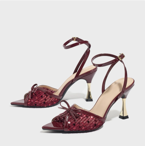 Sandales à talons hauts à bout pointu et paillettes, avec bride de cheville à nœud, style occidental, pour femmes, pour rendez-vous, soirées et usage quotidien, support OEM/ODM - Product Image 3