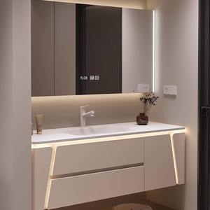 Meuble-lavabo mural moderne et minimaliste en PVC de grande capacité, couleur crème, avec lumières LED et vasques - Product Image 4