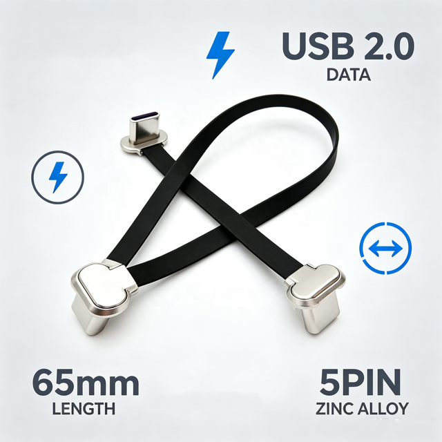 Durable Zinc Alloy 5Pin 65mm USB C to C Male to Male FPC Flexible Flat Ribbon Soft Cable with USB 2.0 Data Transfer for Laptop