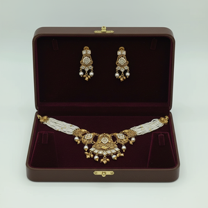 Traditional 925 <b>Silver</b> Pearl <b>Choker</b> Necklace Set with Kundan Work and Matching Earrings Antique Finish Bridal Ethnic Jewelry - Product Image 4