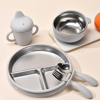 Yiyabb Ensemble de vaisselle pour bébé en acier inoxydable de qualité alimentaire de 8 pouces, sans BPA, avec assiette, bol, cuillère et fourchette, ventouse en silicone confortable pour enfants