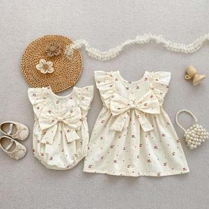 Combinaison en coton pour tout-petits, jolies robes d'été pour bébés filles, style sœur, avec manches courtes imprimées cerises, offre ODM - Product Image 1