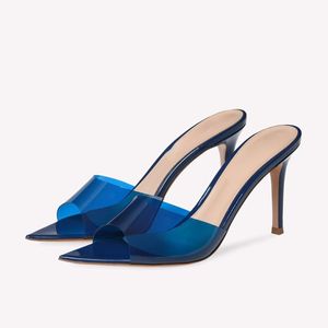 Babouches Femme Peep Toe Bleu Royal Tendance Mules à Talons Hauts Transparents - Product Image 1