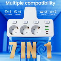 Enchufe de Extensión ODM EU 7 en 1 con 3 Tomas Schuko, 2 USB-A, 2 USB-C, Interruptor Independiente y Protección Contra Sobrecarga para Uso en Hogar y Oficina