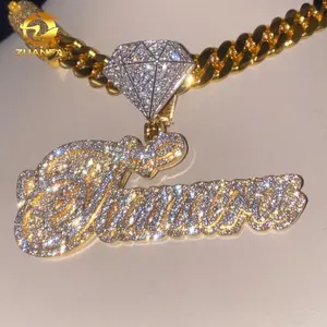 Custom miami cuban link chain lab diamond hip hop pendant iced out vvs moissanite 9k real solid gold name letter pendant