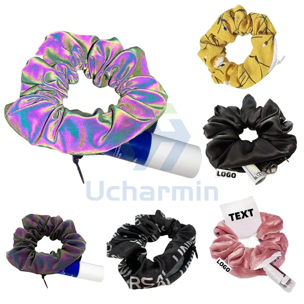 Custom Print Haar gummis mit Reiß verschluss Logo elastisches Haarband große xxl Samt Seide Satin Haar Haar gummis mit Tasche für Frauen