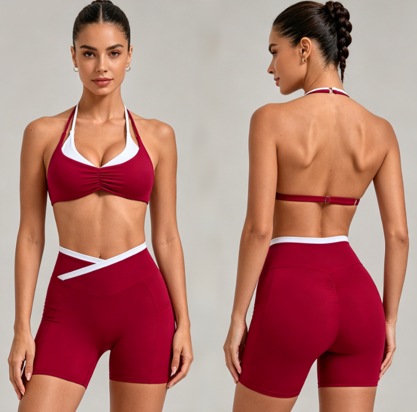 Women's Color-Block Sports Bra & Crisscross Waistband Biker Shorts With Pockets, High-Waisted Tight Leggings For Gym, Yoga