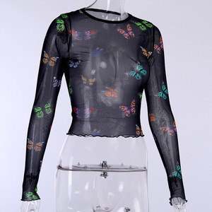 Chemisiers et hauts pour femmes en maille transparente à motif papillon, nouveau design, <span class=keywords><strong>noir</strong></span>, mignon, à manches longues, crop tops - Product Image 4