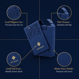 Boîte cadeau personnalisée bleu marine <span class=keywords><strong>d</strong></span>écoupée au laser avec manchon en filigrane de feuilles, fermeture à languette avec icône en feuille <span class=keywords><strong>d</strong></span>'or, emballage cadeau de luxe mat doux au toucher - Product Image 3