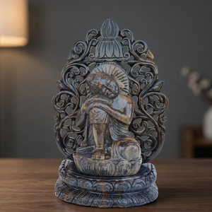 Estatua de Buda de Aventurina Azul Tallada a Mano, Sentada sobre un Arco de Enredadera Tallado, Decoración de Altar con Piedras Preciosas - Product Image 1