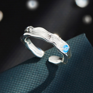 Original Design Irregular Open Ring With Blue Gemstone Adjustable Index Finger Jewelry Gift - Product Image 1