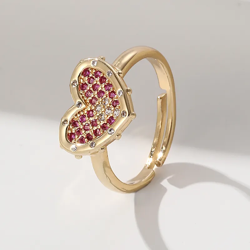 Anillo de corazón ajustable abierto para mujer, joyería de amor, Diamante rosa y blanco, anillo de boda de cristal