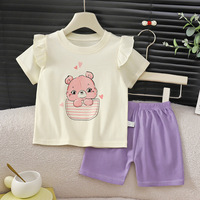 Ensemble deux pièces doux à manches courtes et volantées pour filles, style mignon, en pur coton, motif floral de dessin animé, pour bébés et tout-petits, idéal pour l'été