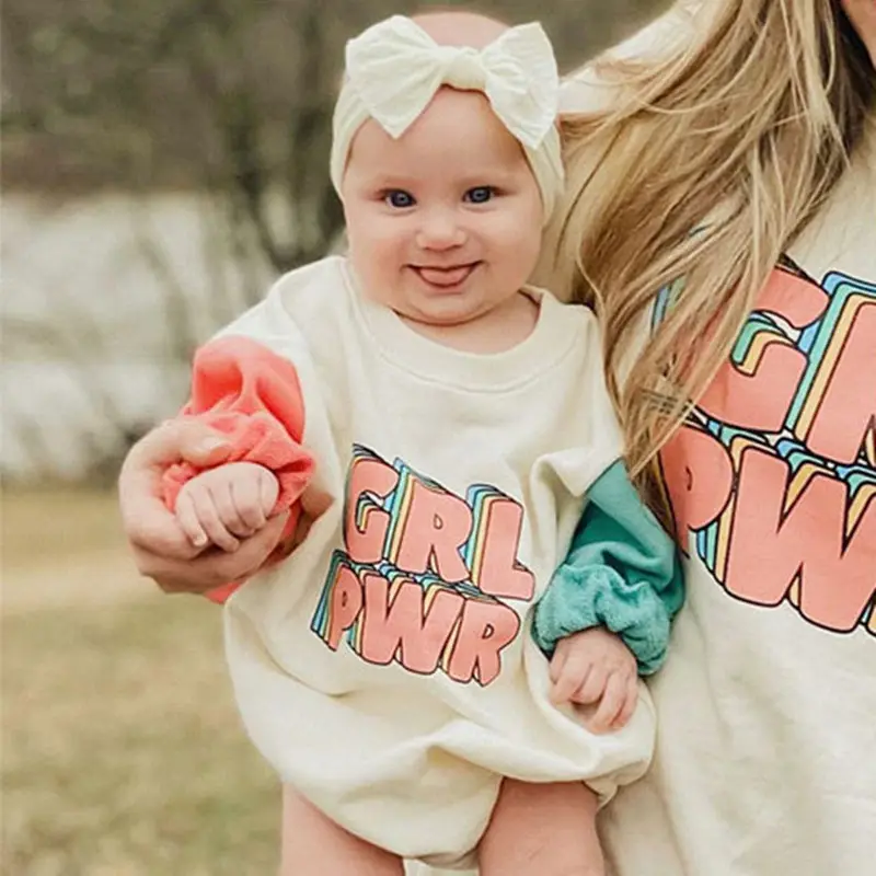 2023 Spring Summer Kids Family Outfit Letter Print Girls Boys Hoodies Organic Cotton Baby Romper Unisex