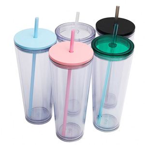 Nouvelle tasse en plastique double couche épaissie, grande capacité, style européen et américain, simple, transparente, avec paille, pour l'extérieur - Product Image 3