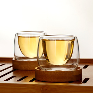 Hot Sale 80ml Small clear Double Wall Glass Tea <strong>Cup</strong> <strong>Set</strong> With Wooden Base - Product Image 4