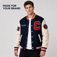 Veste universitaire en laine marine pour homme sur mesure avec manches en cuir, patch en chenille, design patchwork, col montant - Service OEM