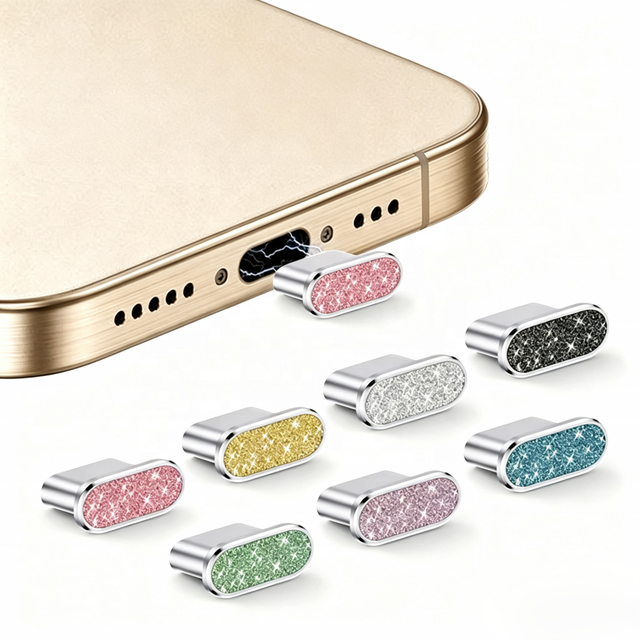 Wholesale Decorative Type-C Dust Plug Glitter Aluminum Alloy Phone Anti-dust Charging Port Cover for iPhone and Android Phones