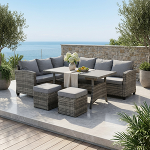 Bequemes Outdoor-Lounge-<span class=keywords><strong>Sofa</strong></span>-<span class=keywords><strong>Set</strong></span> Stilvolle Terrassen-Essgruppe aus Korbgeflecht im Angebot Luxuriöse Rattan-Gartenmöbel für Villen aus Stahl - Product Image 1
